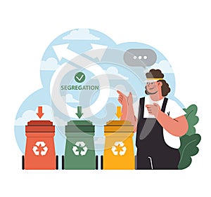 Worker guiding waste segregation. Flat vector illustration
