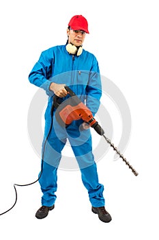 Worker with a hammer drill on white background