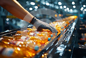 Worker hand in black glove is touching bottle on conveyor belt with yellow glass bottles.