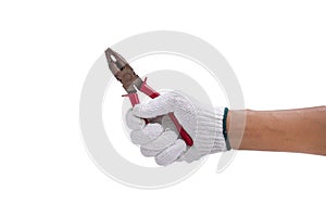 Worker hand holding pliers isolated on white background - clipping paths