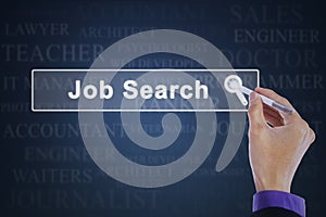 Worker hand touches job search button