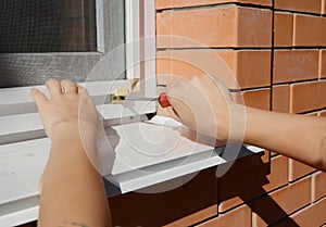 Worker hands installing mosquito net, mosquito wire screen on house window.