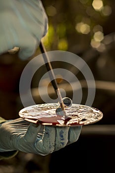 Worker hands while mixture colors photo