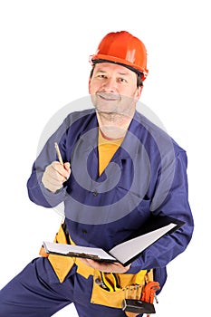 Worker in hard hat with pen.