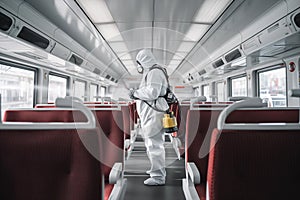 Worker in hazmat suit disinfecting empty train compartment with disinfectant sprayer