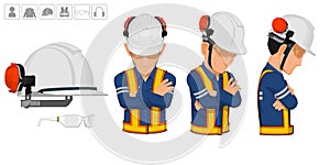 worker with helmet and earmuffs no use on white background