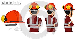 worker with helmet and earmuffs no use on white background