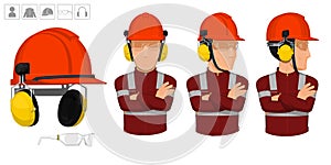 worker with helmet and earmuffs on white background