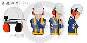 worker with helmet and earmuffs on white background