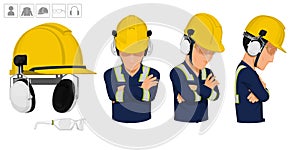 worker with helmet and earmuffs on white background