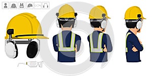 worker with helmet and earmuffs on white background