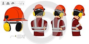 worker with helmet and earmuffs on white background