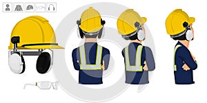 worker with helmet and earmuffs on white background