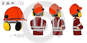 worker with helmet and earmuffs on white background