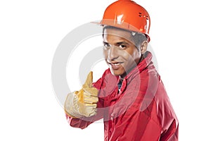 Worker with helmet and gloves