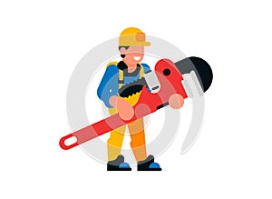 Worker holding a large gas wrench. Man builder and gas wrench, smile, happy, tool, repair, plumber. Vector illustration