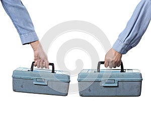 Worker holding tool box on white background