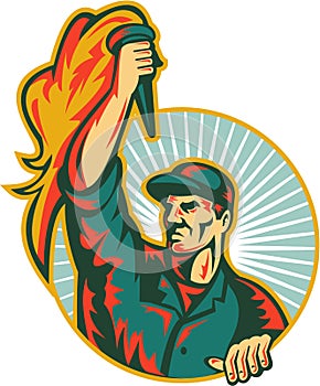 Worker Holding Up Flaming Torch Circle Retro