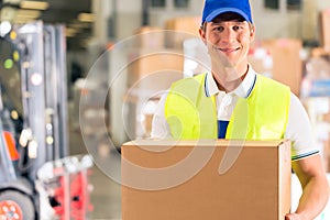 Worker holds package in warehouse of forwarding photo