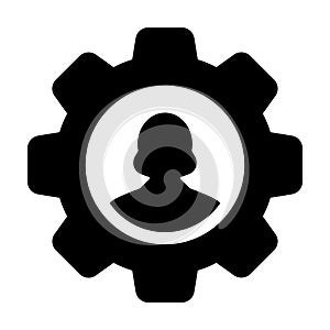 Worker icon vector female person profile avatar with gear cogwheel for settings and configuration in flat color glyph pictogram