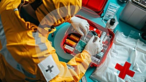 Worker inspecting items inside a first aid kit