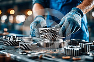Worker inspecting precision gears in an industrial manufacturing setting