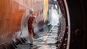 A worker inspects the tailpipe of a container ship where a scrubber system has been installed to remove harmful photo