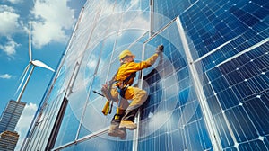 Worker Installing Solar Panels for Energy Efficient Construction Project