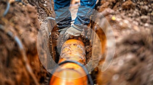 Worker Installing Underground Pipeline. AI generated