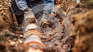 Worker Installing Underground Pipeline. AI generated