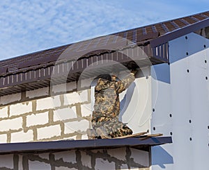 Worker insulates the walls of the house with plastic panels