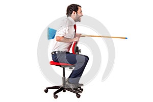 Worker jousting with a broom