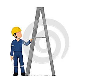 A worker with ladder on white background