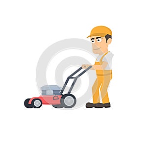 Worker with a lawn mower. Gardener, vector illustration