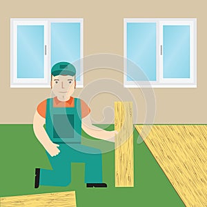 Worker laying laminate. Flat icon.