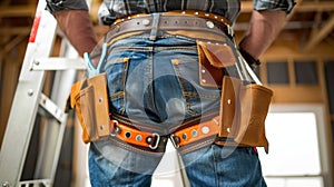 A worker leaning against a ladder proudly displaying their personalized tool belt photo