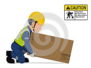 A worker is lifting a big box on the floor