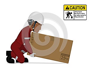 A worker is lifting a big box on the floor