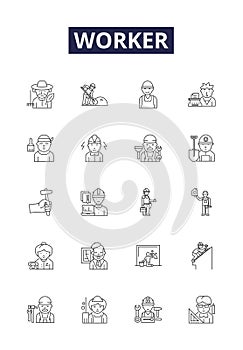 Worker line vector icons and signs. Employee, Operator, Craftsman, Artisan, Worker, Toiler, Hand, Drudge outline vector