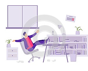 Worker loafer in office illustration. Male character lounges while working mediocre employee. photo