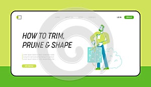Worker Male Character Trimming Bush in Garden Landing Page Template. Man Cut Hedge in Orchard Doing Gardener