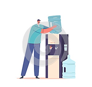 Worker Male Character Wear Blue Uniform and Cap Installing Water Balloon On Cooler at Home or Office Vector Illustration