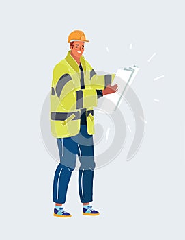 Worker man with big plan on white.
