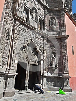 Worker Man Cleaning Landmark Historic Mexican Carved Gray Stone Catholic Cathedral Building Outside Architecture