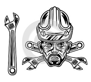 Worker man head in hard hat with adjustable wrench vector objects or design elements in monochrome style isolated on