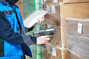 Worker man scanning package in warehouse