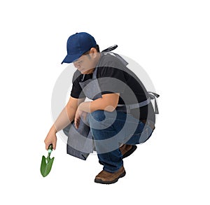 worker man or Serviceman in Black shirt and apron is holding Shovel for Cultivators isolated on white background