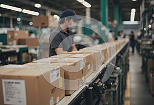 Worker managing packages on a conveyor belt in a warehouse setting