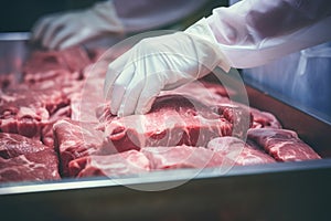 Worker at the meat factory pack the meat into the plastic foil. Generative AI
