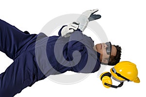 Worker in Mechanic Jumpsuit had an accident at work isolated on
